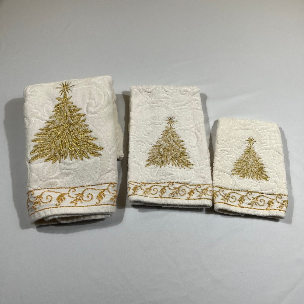 JCPenney Home Collection Holiday Hand Towel Set White Gold Christmas Tree 3pc